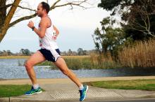 Damien Bertram strides out at the 15km road race at Lake Wendouree.